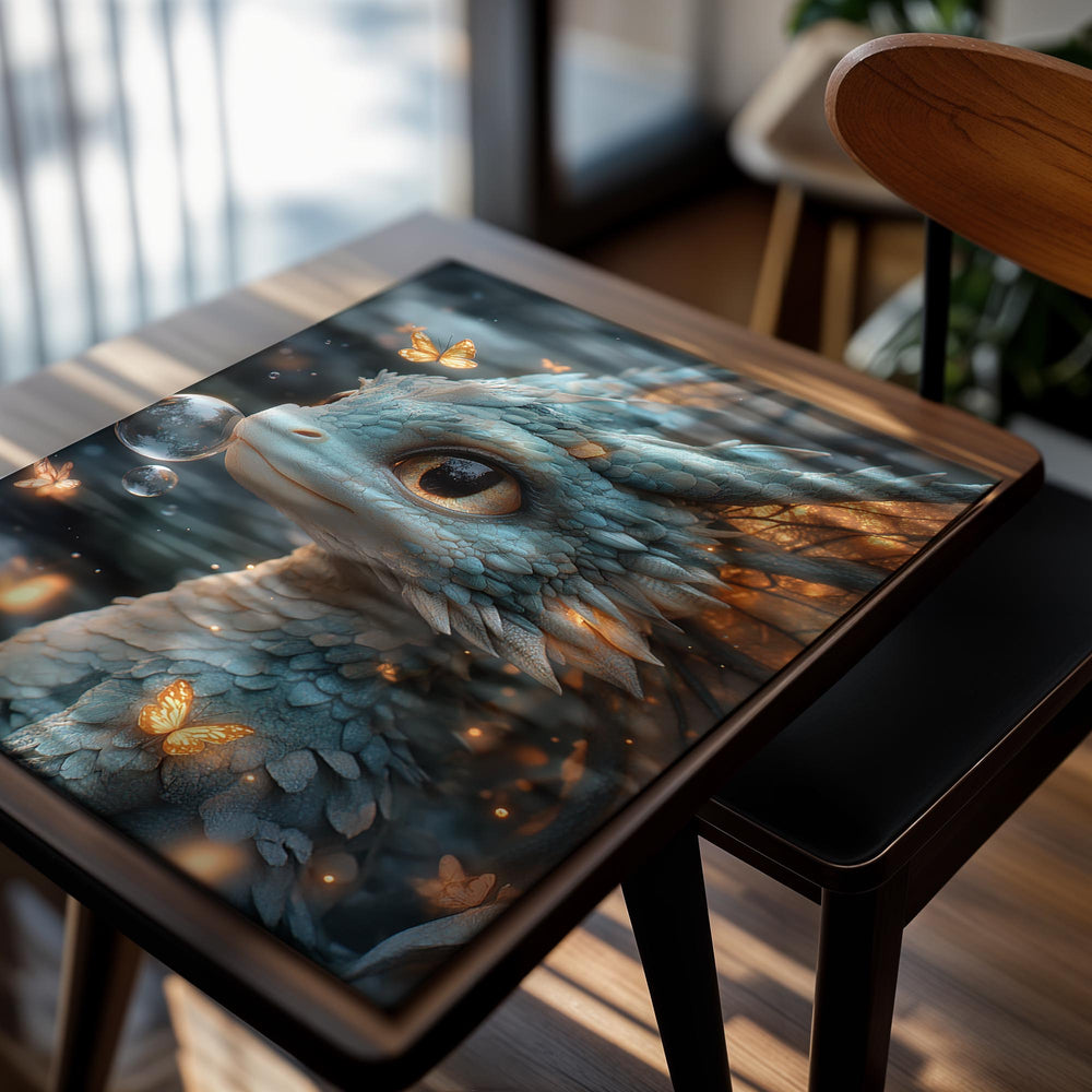 Blue dragon with butterfly wings and bubbles in a fantasy setting, as a premium aluminum metal print from GoMetalPrint.