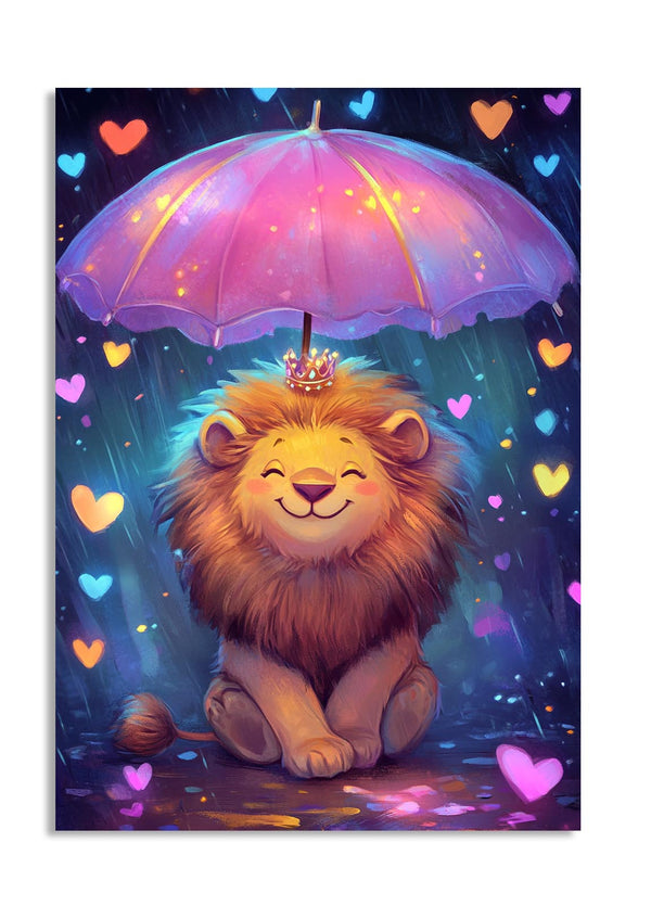 Illustration of a lion with a pink umbrella surrounded by hearts on a dark background, as a premium aluminum metal print from GoMetalPrint.