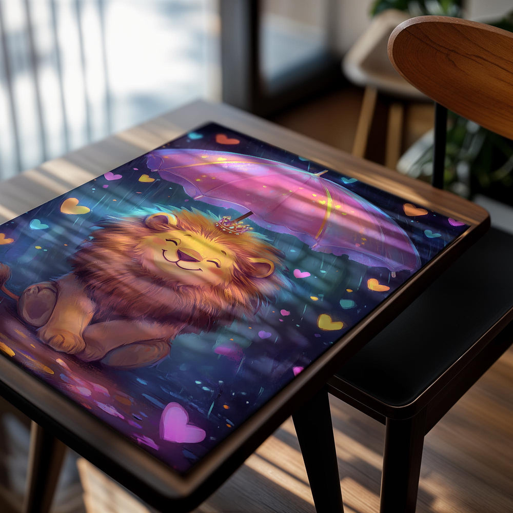 Illustration of a lion with a pink umbrella surrounded by hearts on a dark background, as a premium aluminum metal print from GoMetalPrint.