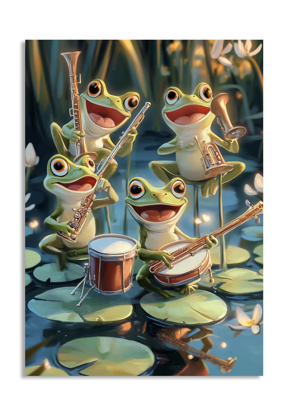 Four frogs playing musical instruments on lily pads with a forest background, as a premium aluminum metal print from GoMetalPrint.