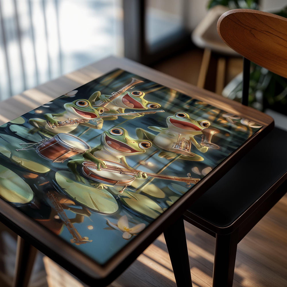 Four frogs playing musical instruments on lily pads with a forest background, as a premium aluminum metal print from GoMetalPrint.
