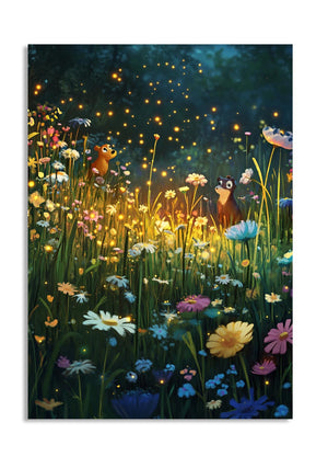Illustration of two foxes in a magical garden with flowers and fireflies at night , as a premium aluminum metal print from GoMetalPrint.