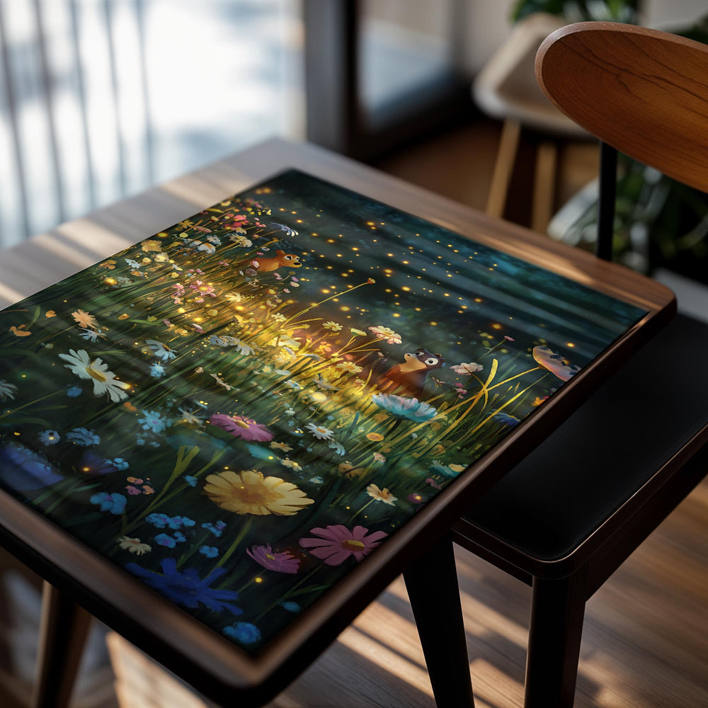 Illustration of two foxes in a magical garden with flowers and fireflies at night , as a premium aluminum metal print from GoMetalPrint.