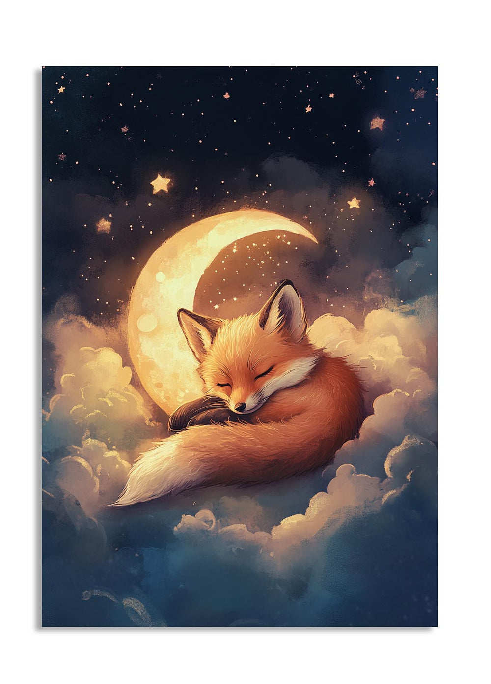 Illustration of a fox sleeping on clouds with a moon and stars in the background, as a premium aluminum metal print from GoMetalPrint.