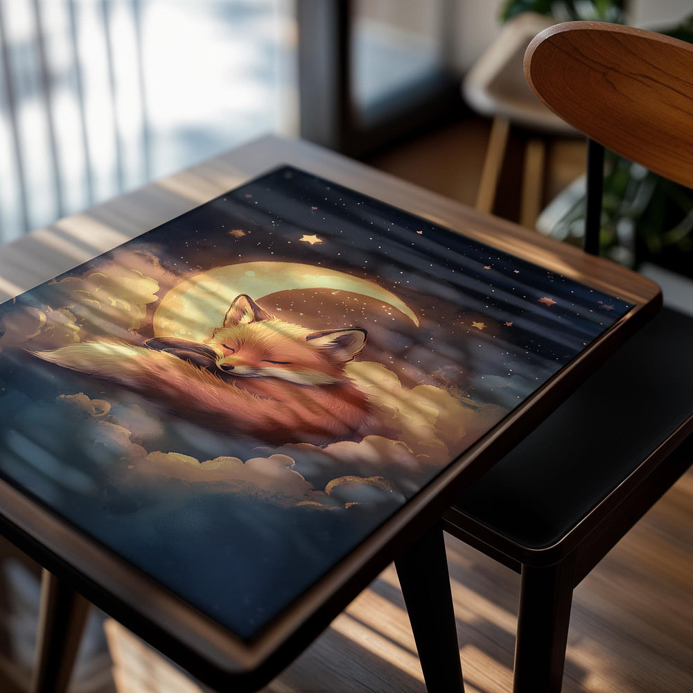 Illustration of a fox sleeping on clouds with a moon and stars in the background, as a premium aluminum metal print from GoMetalPrint.