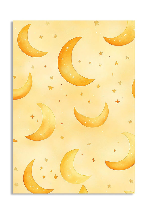 Pattern of yellow crescent moons and stars on a yellow background, as a premium aluminum metal print from GoMetalPrint.