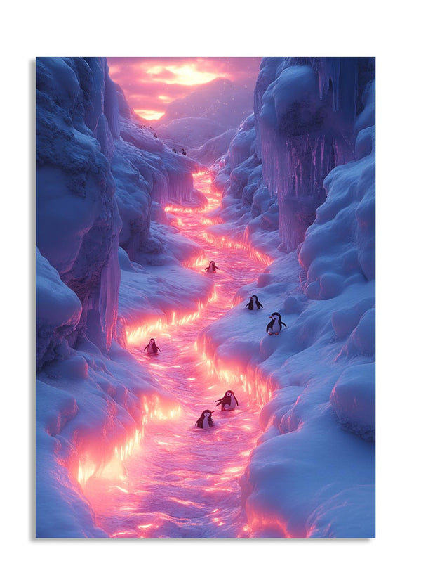 Frozen landscape with a glowing pink river and penguins, as a premium aluminum metal print from GoMetalPrint.