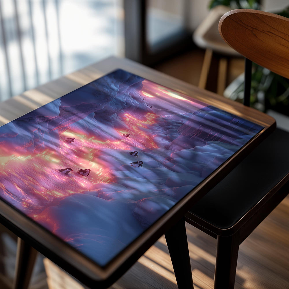 Frozen landscape with a glowing pink river and penguins, as a premium aluminum metal print from GoMetalPrint.