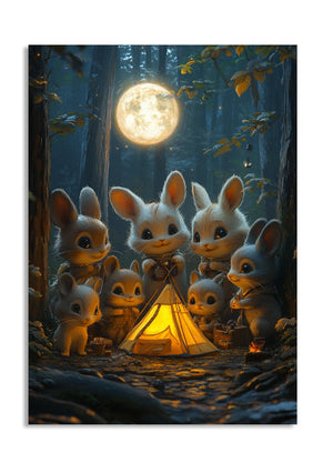 Illustration of rabbits around a campfire in a forest with a full moon, as a premium aluminum metal print from GoMetalPrint.