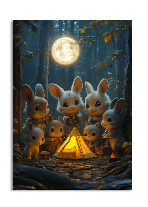 Illustration of rabbits around a campfire in a forest with a full moon, as a premium aluminum metal print from GoMetalPrint.
