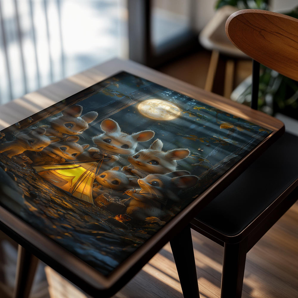 Illustration of rabbits around a campfire in a forest with a full moon, as a premium aluminum metal print from GoMetalPrint.