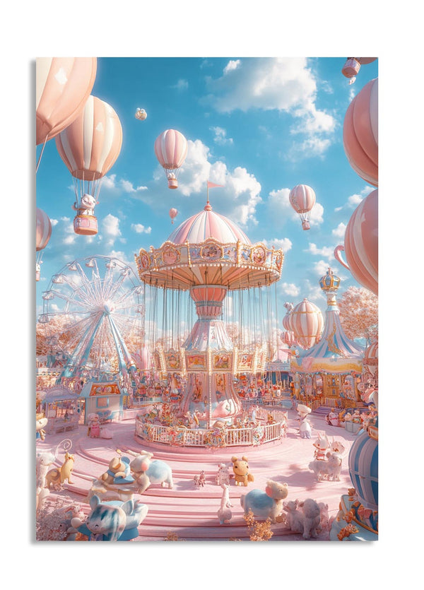 Fantasy carousel scene with hot air balloons and pastel colors, as a premium aluminum metal print from GoMetalPrint.