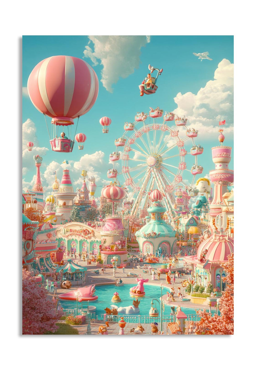 Colorful illustration of a fantasy amusement park with Ferris wheel, hot air balloons, and pastel buildings, as a premium aluminum metal print from GoMetalPrint.