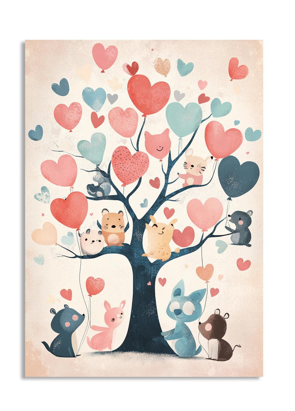 Illustration of a tree with heart-shaped balloons and cute animal characters on a beige background, as a premium aluminum metal print from GoMetalPrint.