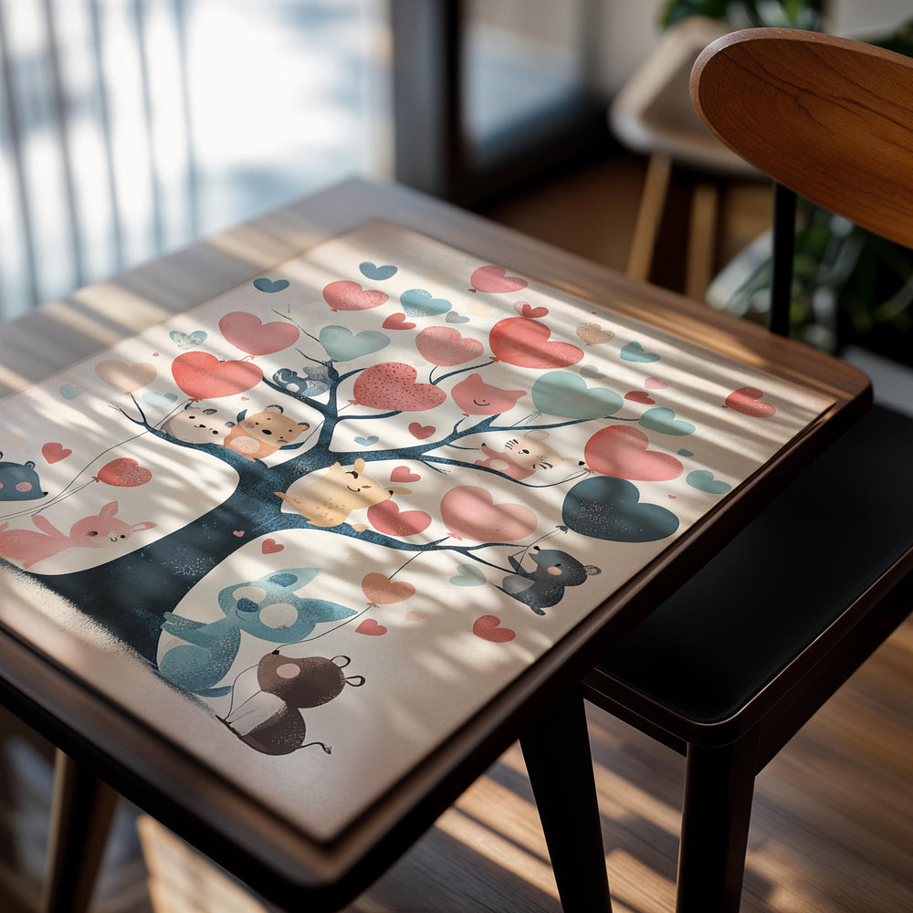 Illustration of a tree with heart-shaped balloons and cute animal characters on a beige background, as a premium aluminum metal print from GoMetalPrint.