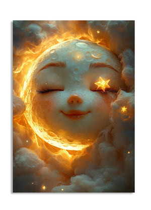 A smiling moon surrounded by glowing stars and fluffy clouds, as a premium aluminum metal print from GoMetalPrint.