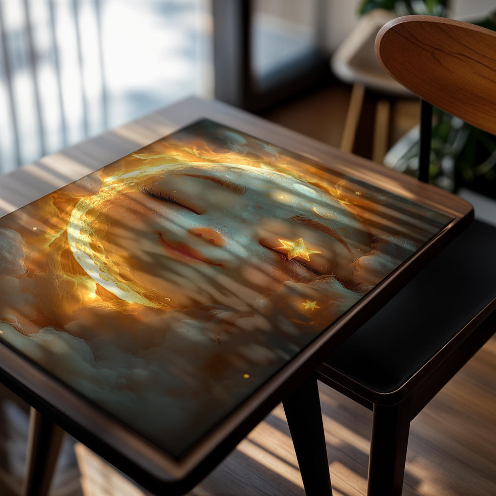 A smiling moon surrounded by glowing stars and fluffy clouds, as a premium aluminum metal print from GoMetalPrint.