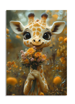 Cartoon giraffe holding a bouquet of flowers in a forest setting, as a premium aluminum metal print from GoMetalPrint.