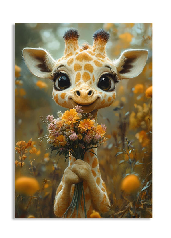 Cartoon giraffe holding a bouquet of flowers in a forest setting, as a premium aluminum metal print from GoMetalPrint.