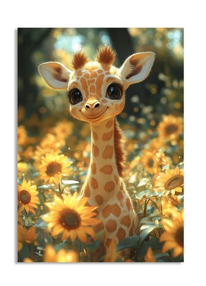 Stuffed giraffe toy in a field of sunflowers with a blurred natural background, as a premium aluminum metal print from GoMetalPrint.