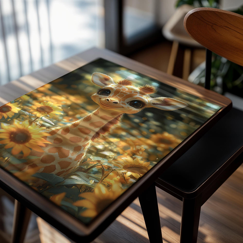 Stuffed giraffe toy in a field of sunflowers with a blurred natural background, as a premium aluminum metal print from GoMetalPrint.
