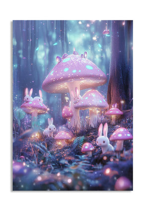 Fantasy forest scene with glowing mushrooms and bunnies in a magical setting, as a premium aluminum metal print from GoMetalPrint.