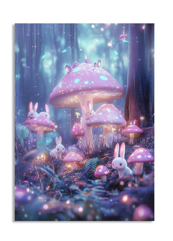 Fantasy forest scene with glowing mushrooms and bunnies in a magical setting, as a premium aluminum metal print from GoMetalPrint.