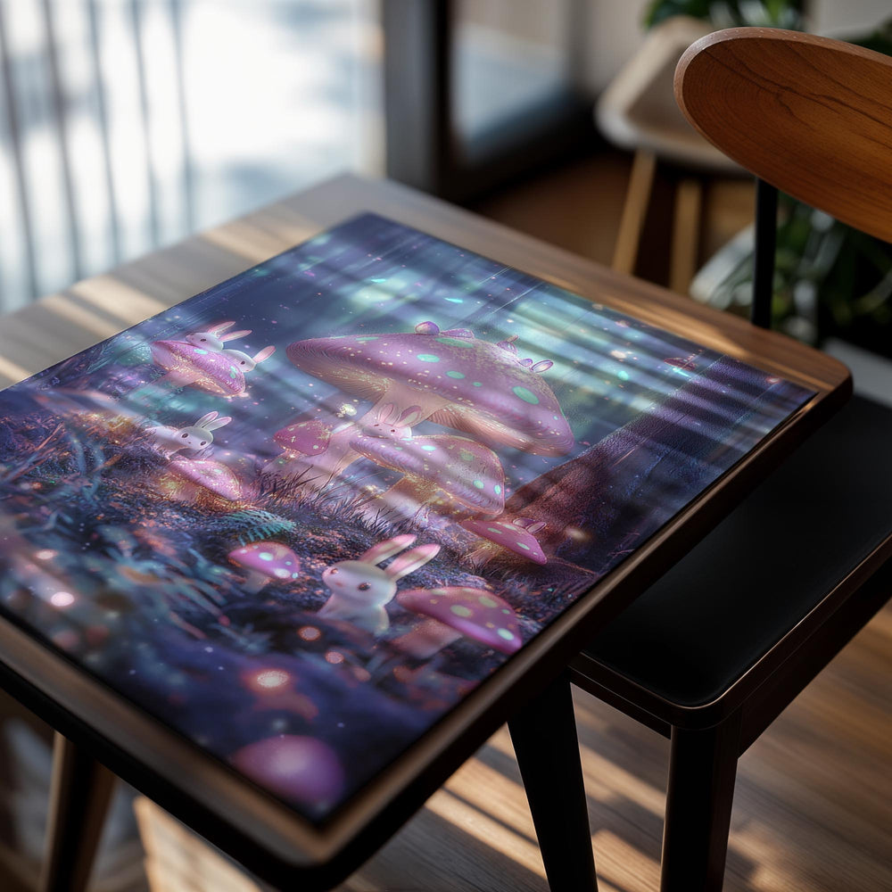 Fantasy forest scene with glowing mushrooms and bunnies in a magical setting, as a premium aluminum metal print from GoMetalPrint.