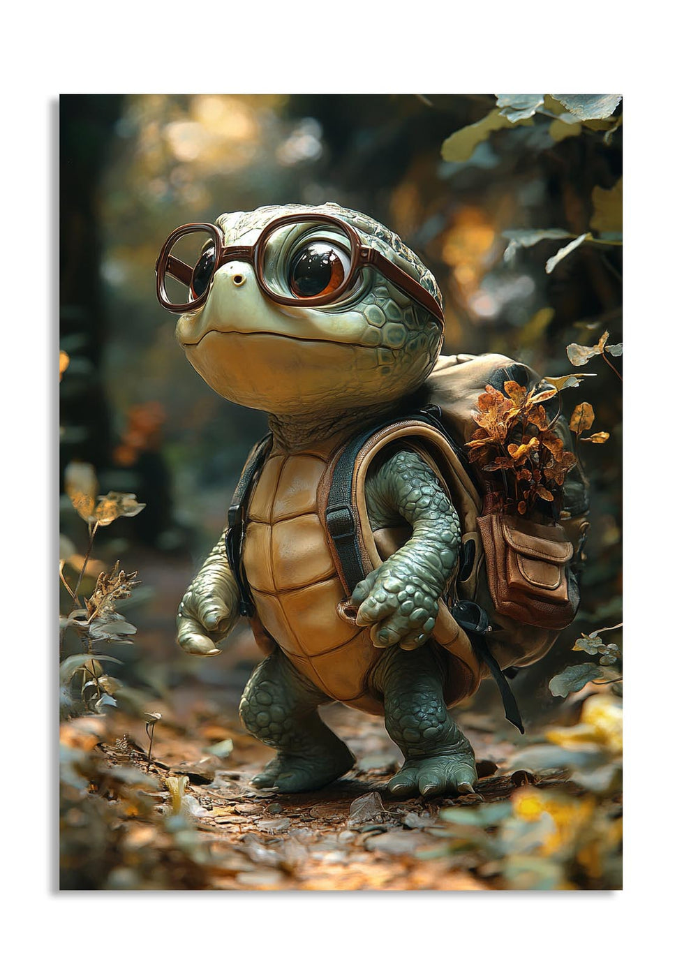 Tortoise with glasses and a backpack in a forest setting, as a premium aluminum metal print from GoMetalPrint.