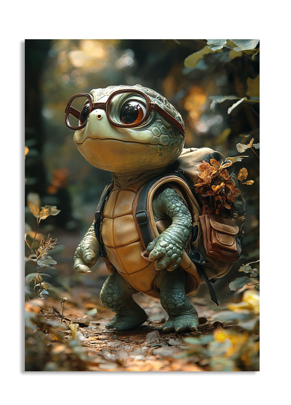 Tortoise with glasses and a backpack in a forest setting, as a premium aluminum metal print from GoMetalPrint.
