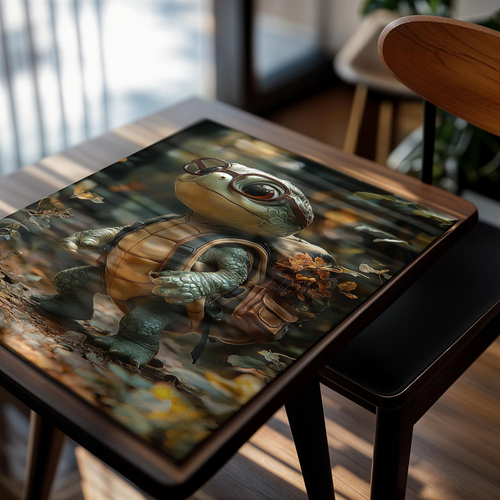 Tortoise with glasses and a backpack in a forest setting, as a premium aluminum metal print from GoMetalPrint.