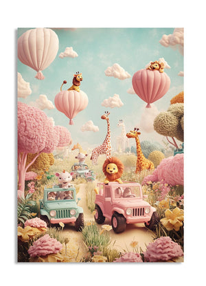 Illustration of animals in cars with hot air balloons in a whimsical landscape, as a premium aluminum metal print from GoMetalPrint.