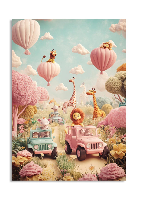 Illustration of animals in cars with hot air balloons in a whimsical landscape, as a premium aluminum metal print from GoMetalPrint.