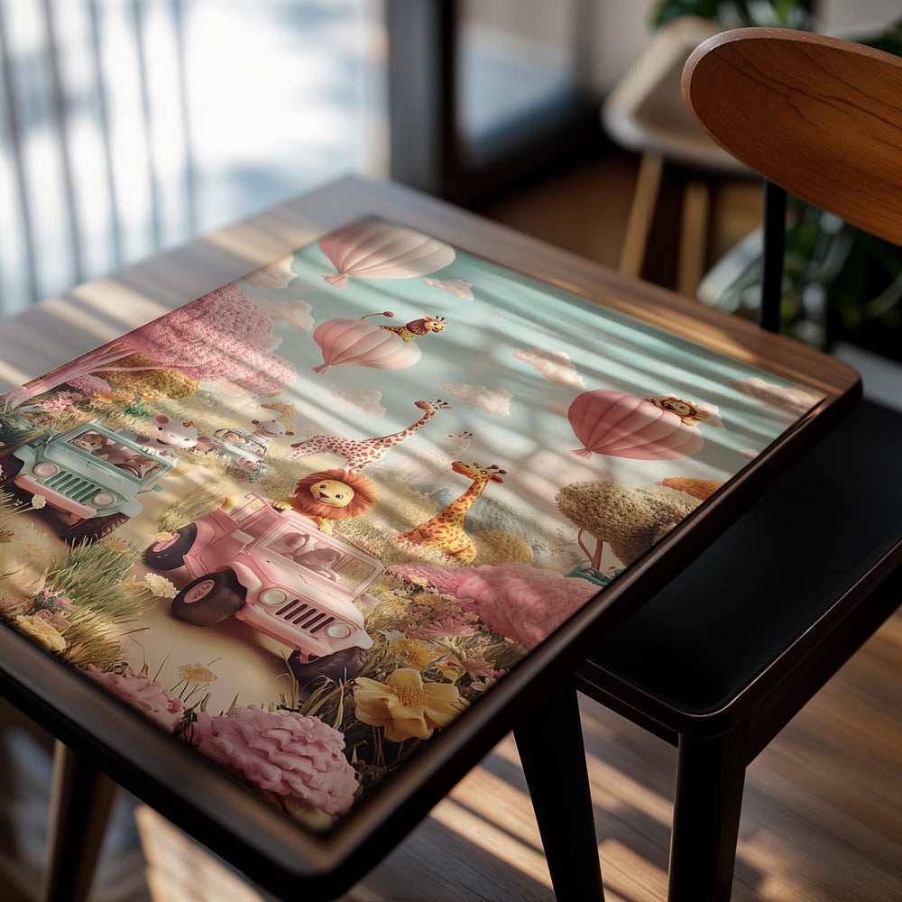 Illustration of animals in cars with hot air balloons in a whimsical landscape, as a premium aluminum metal print from GoMetalPrint.