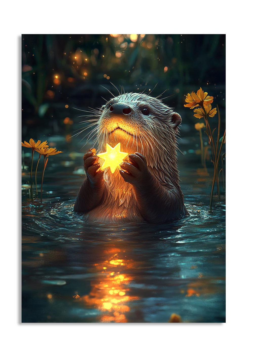 Illustration of an otter holding a glowing star in water with flowers around, as a premium aluminum metal print from GoMetalPrint.