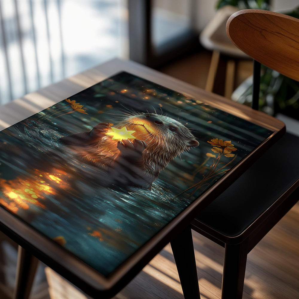 Illustration of an otter holding a glowing star in water with flowers around, as a premium aluminum metal print from GoMetalPrint.