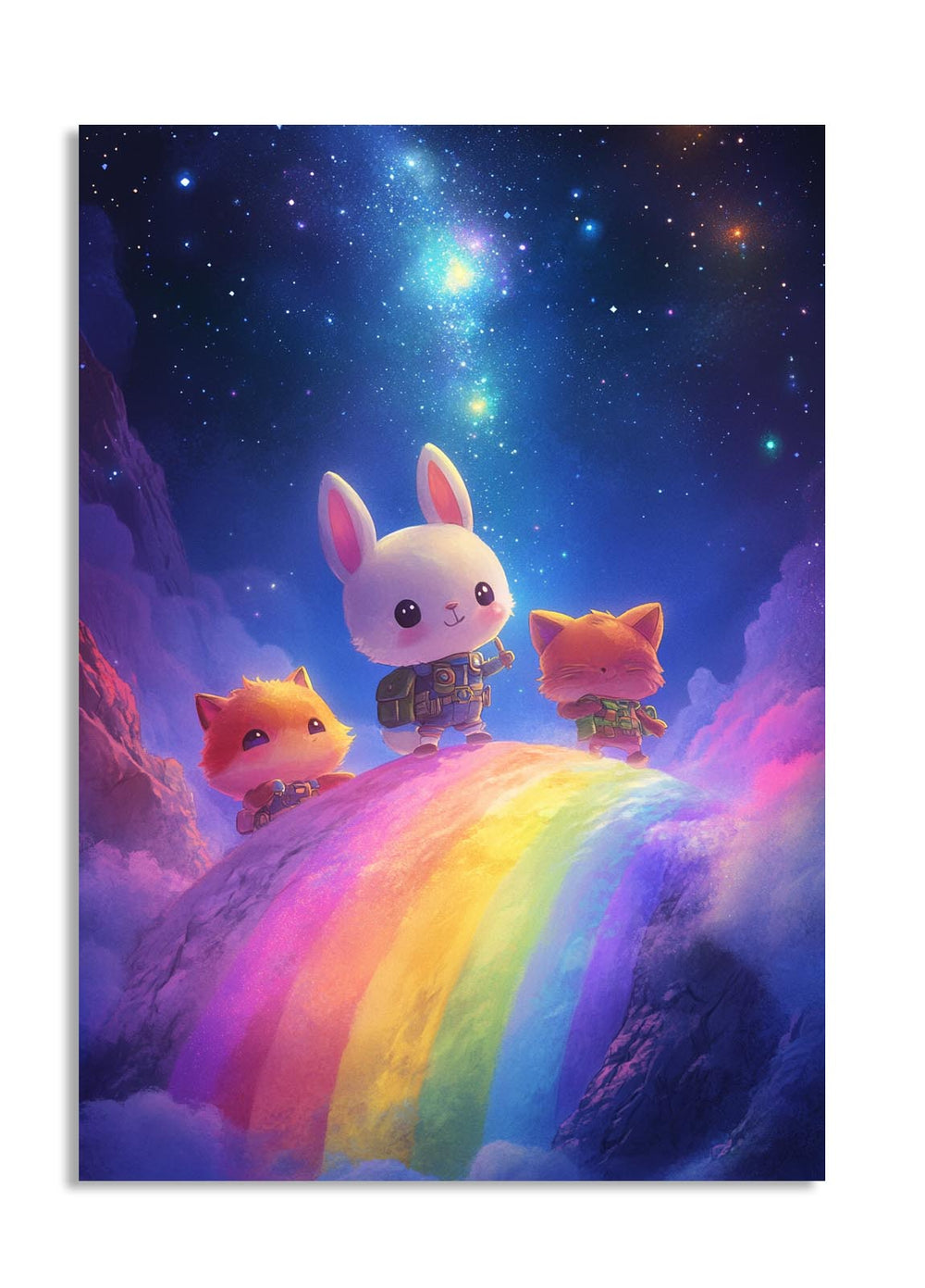 Three cartoon animals standing on a rainbow against a starry night sky, as a premium aluminum metal print from GoMetalPrint.