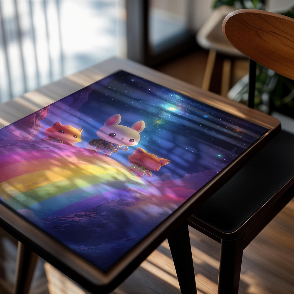 Three cartoon animals standing on a rainbow against a starry night sky, as a premium aluminum metal print from GoMetalPrint.