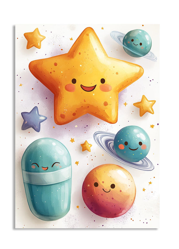 Illustration of a smiling star, planet, and moons on a white background with stars and planets, as a premium aluminum metal print from GoMetalPrint.