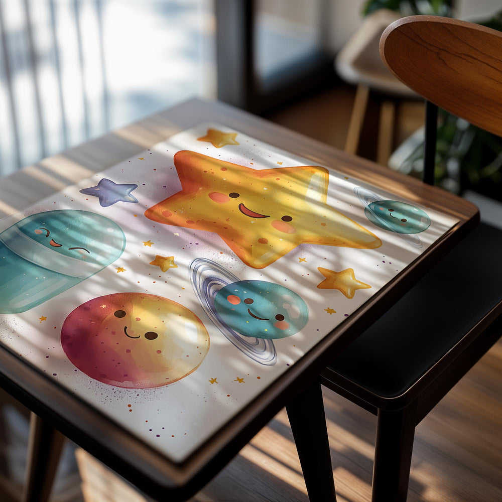 Illustration of a smiling star, planet, and moons on a white background with stars and planets, as a premium aluminum metal print from GoMetalPrint.