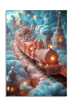 Fantasy train scene with pink locomotive and snow-covered landscape, as a premium aluminum metal print from GoMetalPrint.