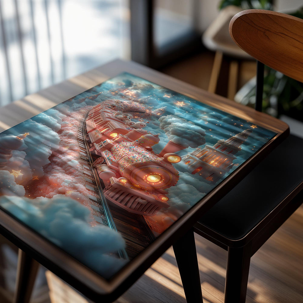 Fantasy train scene with pink locomotive and snow-covered landscape, as a premium aluminum metal print from GoMetalPrint.