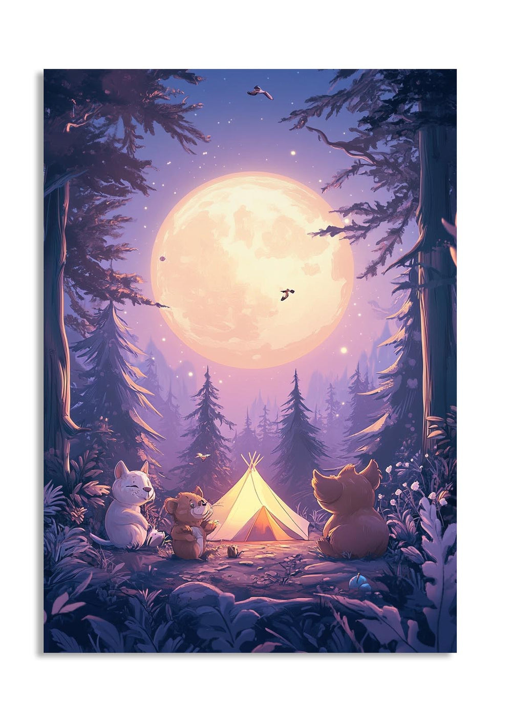 Illustration of three animals by a campfire under a large moon in a forest, as a premium aluminum metal print from GoMetalPrint.
