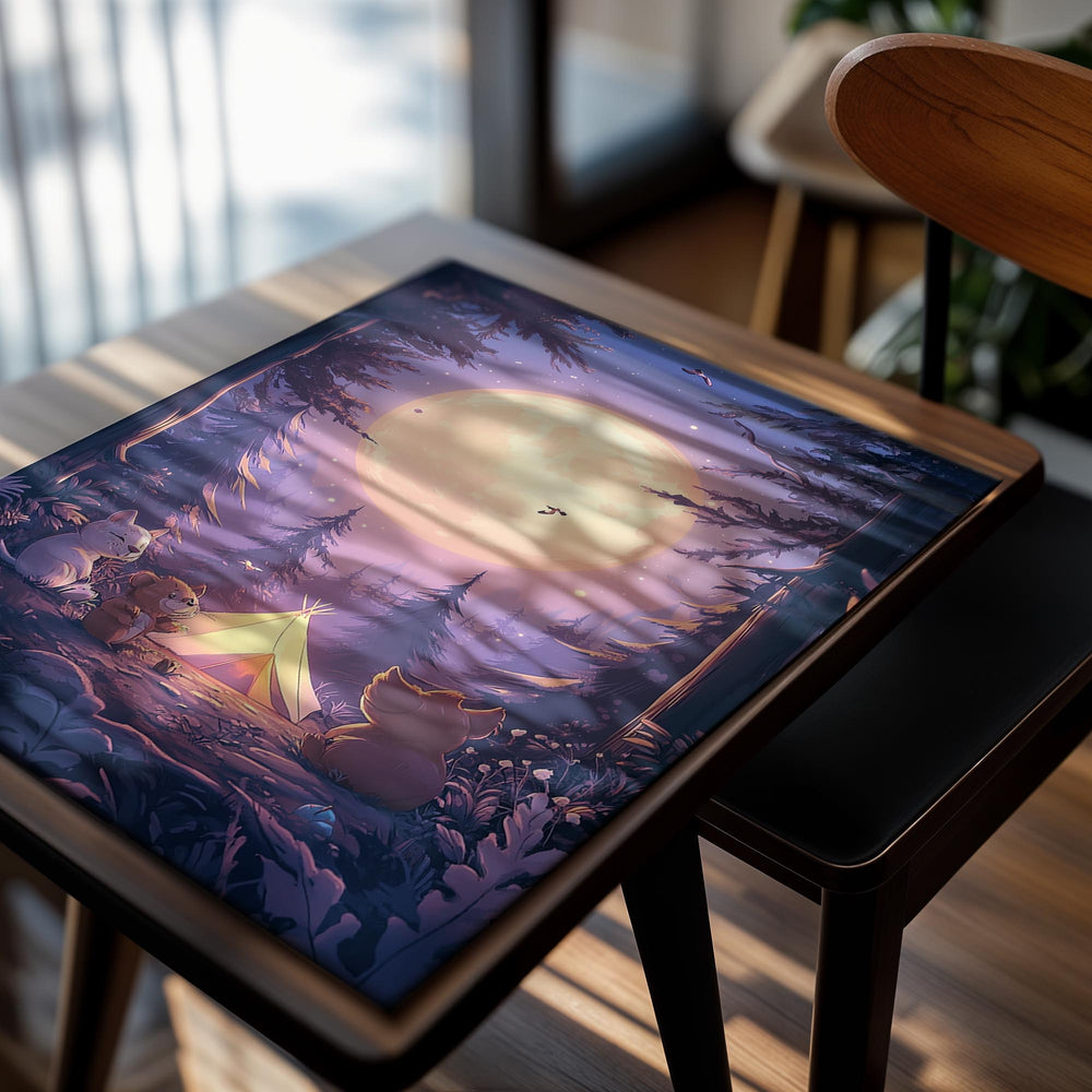 Illustration of three animals by a campfire under a large moon in a forest, as a premium aluminum metal print from GoMetalPrint.