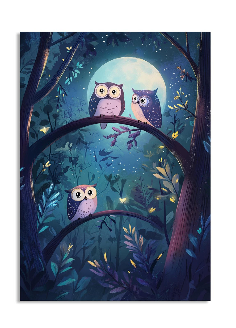 Illustration of three owls perched on tree branches against a night sky with a full moon, as a premium aluminum metal print from GoMetalPrint.