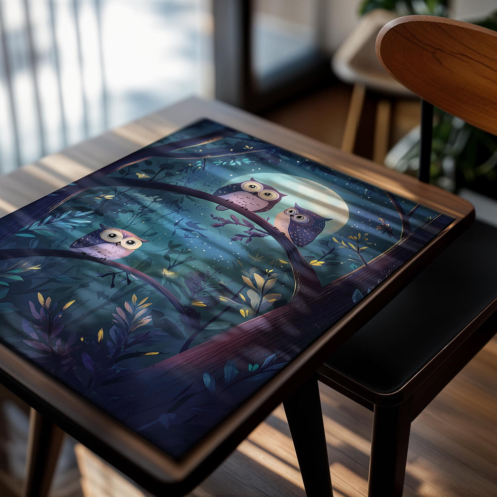 Illustration of three owls perched on tree branches against a night sky with a full moon, as a premium aluminum metal print from GoMetalPrint.