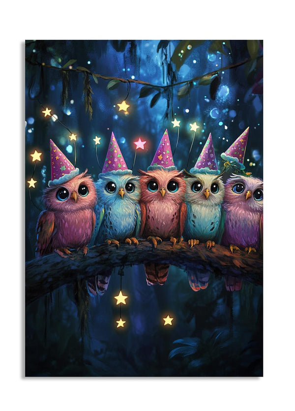 Five colorful owls wearing party hats on a branch with starry night background, as a premium aluminum metal print from GoMetalPrint.