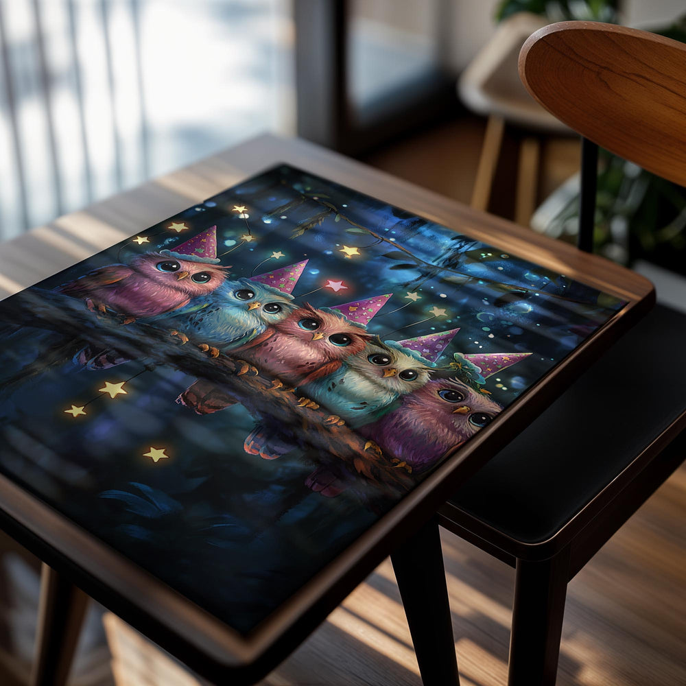 Five colorful owls wearing party hats on a branch with starry night background, as a premium aluminum metal print from GoMetalPrint.