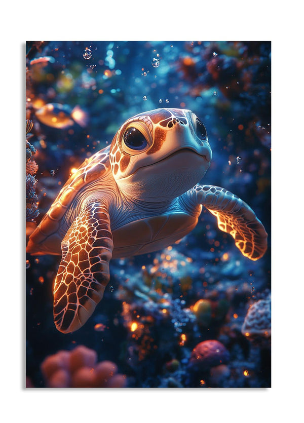Illustration of a turtle swimming in an underwater scene with colorful fish and coral, as a premium aluminum metal print from GoMetalPrint.
