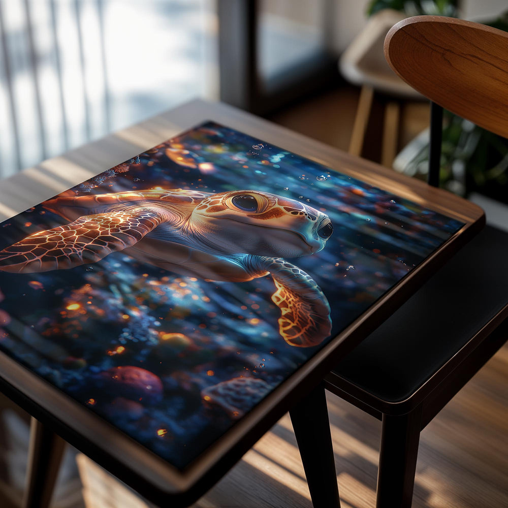 Illustration of a turtle swimming in an underwater scene with colorful fish and coral, as a premium aluminum metal print from GoMetalPrint.